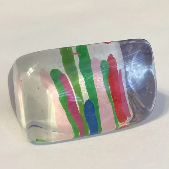 Vintage Lucite Acrylic Ring Size 6 Retro Abstract Hand Painted Pink Red White - Picture 5 of 12